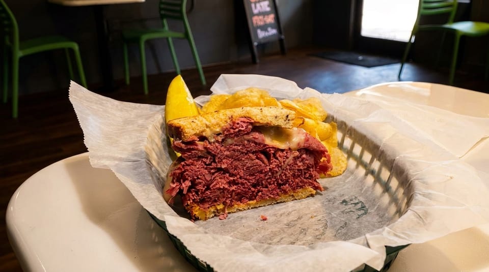 A large pastrami sandwich with melted cheese, chips, and a pickle spear in a basket.