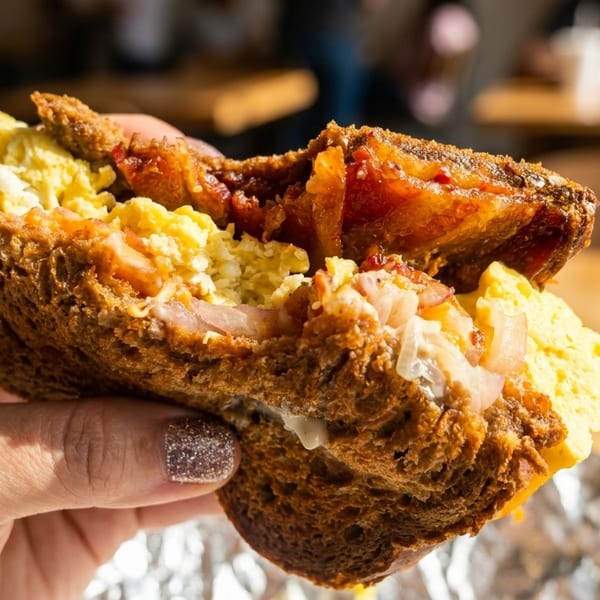 A hand holds a large breakfast sandwich with scrambled eggs, bacon, and cheese on a dark bun.
