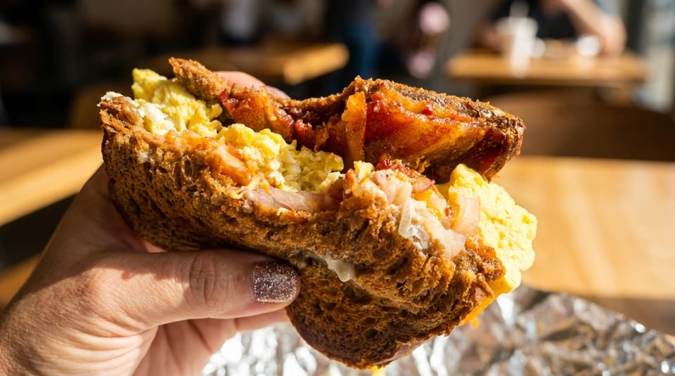 A hand holds a large breakfast sandwich with scrambled eggs, bacon, and cheese on a dark bun.