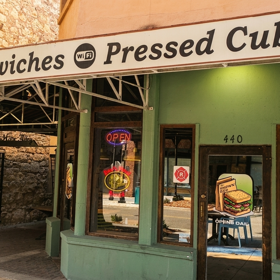Exterior of a green building with a "Sandwiches Pressed Cubans" sign and an "Open" neon sign.
