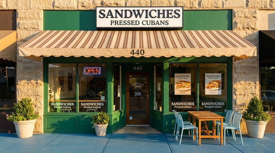 Exterior of a sandwich shop with a green facade, striped awning, and outdoor seating.